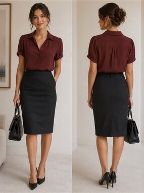Adrianna Papell Burgundy Button Front Blouse | Short Sleeve Collared Top | Size